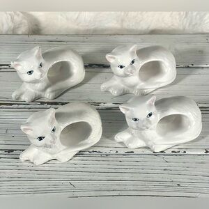 Vintage Lot Set of 4 White Ceramic Cat Napkin Ring Holders Decor‎